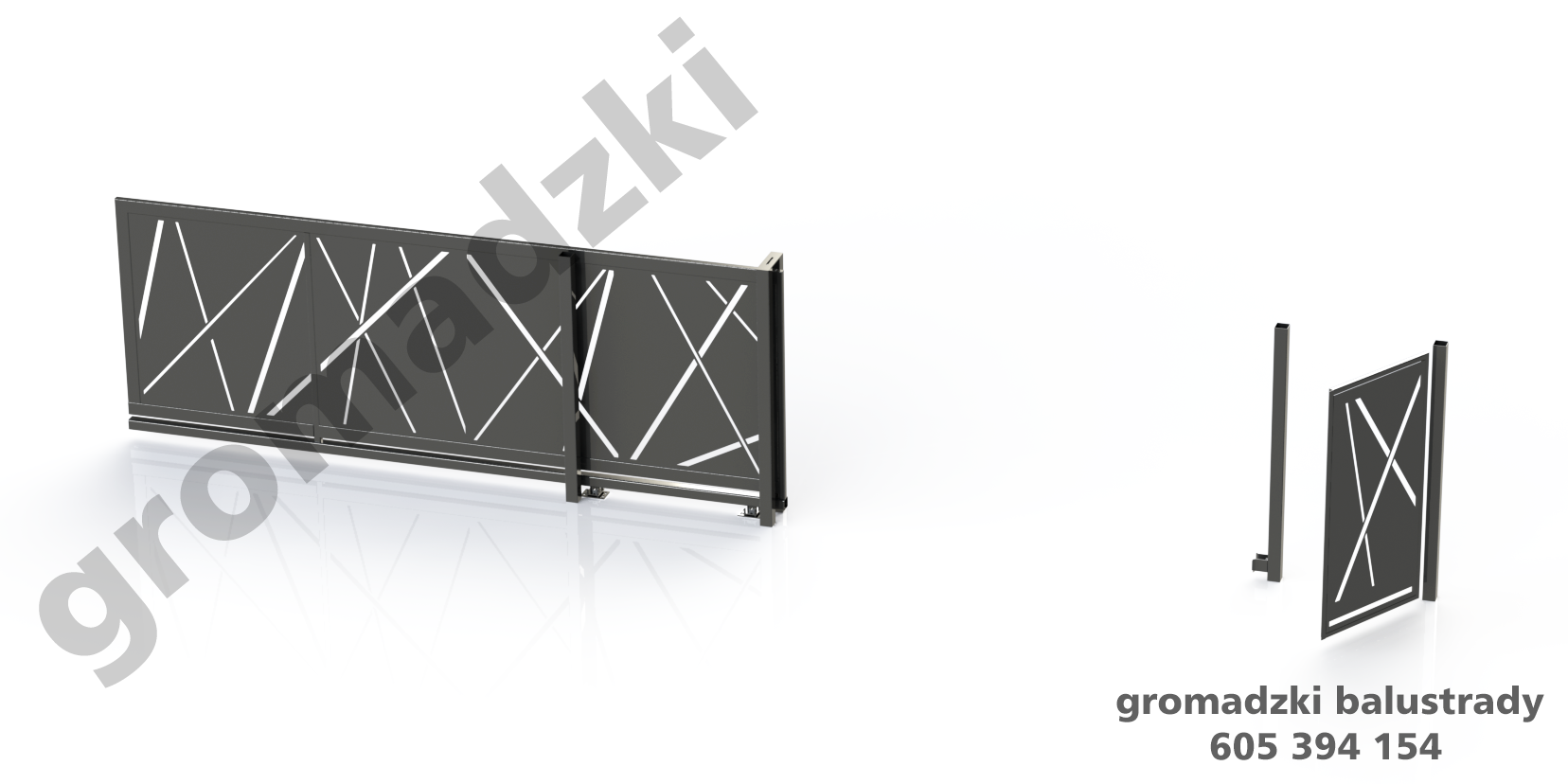 Wizualizacja przesuwnej bramy z ażurowym wzorem geometrycznym i furtki, prezentowana na białym tle z odbiciem.