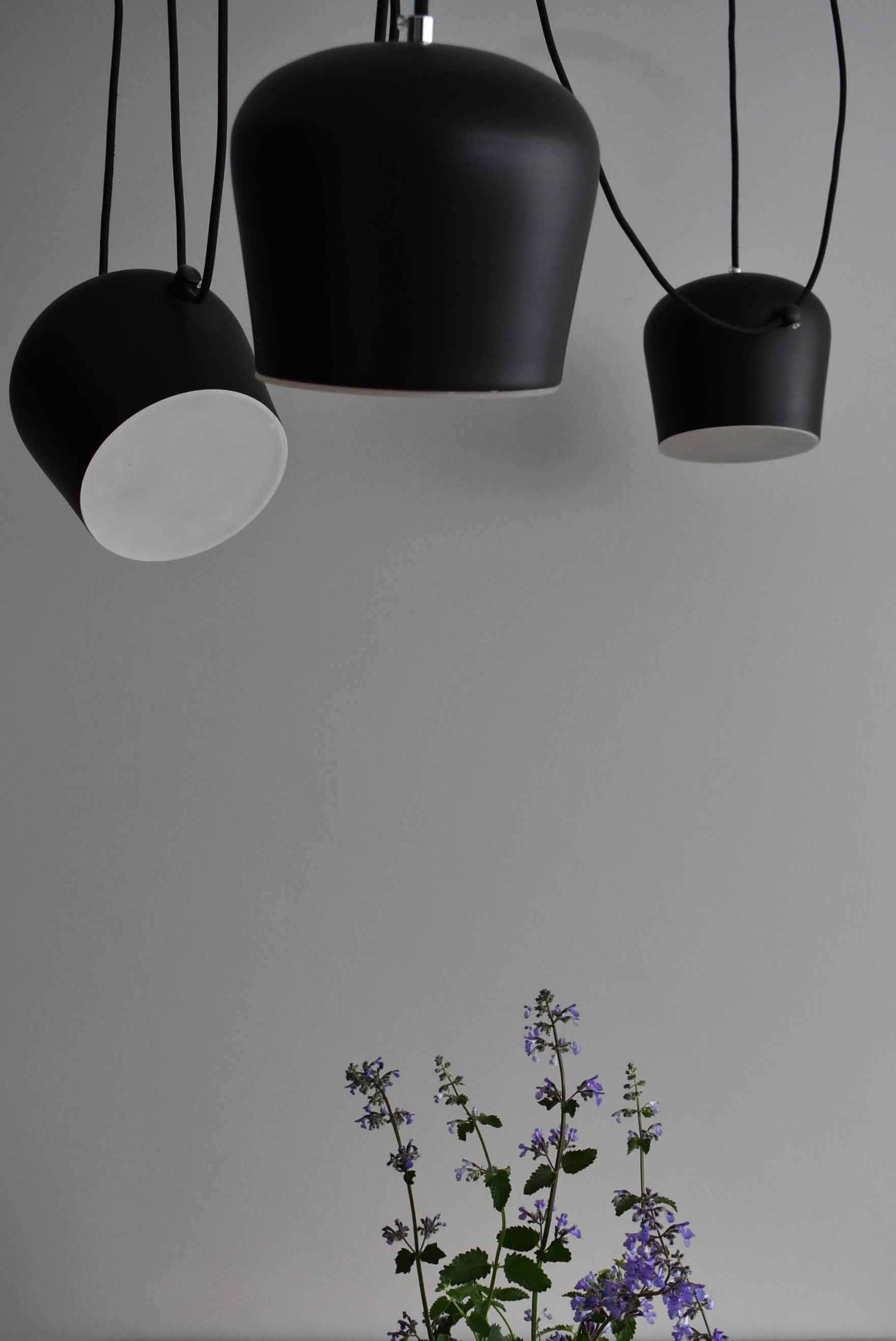 Trzy czarne lampy wiszące z białym wnętrzem kloszy, zawieszone nad bukietem fioletowych kwiatów na tle szarej ściany.