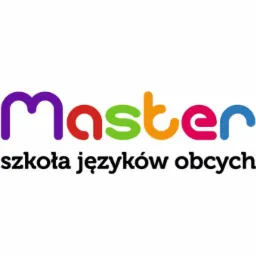 Kolorowe logo szkoły językowej 'Master' z napisem 'szkoła języków obcych' poniżej, na białym tle.