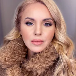 Portret kobiety z profesjonalnym, subtelnym podkreśleniem oczu eyelinerem i brązowymi cieniami, delikatnym różem na policzkach i naturalnymi ustami w otoczeniu blond fal i brązowego futra.