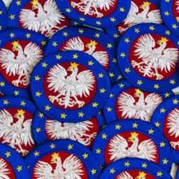 Naszywki z godłem Polski, wykonane w Pszczynie, z białym orłem na czerwonym tle, obramowane niebieskim kołem z żółtymi gwiazdkami.