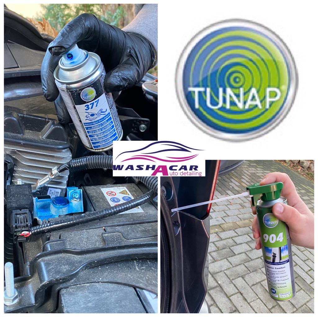 Czyszczenie i konserwacja samochodu: aplikacja preparatów Tunap 377 pod maską i Tunap 904 na uszczelkę drzwi, logo Wash A Car w tle.