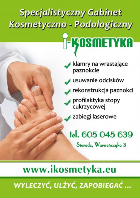 Grafika reklamowa gabinetu kosmetyczno-podologicznego prezentująca zabiegi: klamry na wrastające paznokcie, usuwanie odcisków, rekonstrukcja paznokci, profilaktyka stopy cukrzycowej i zabiegi...