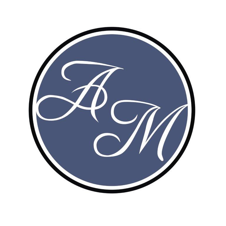 Logo firmy z inicjałami 'A' i 'M' w ozdobnej czcionce, umieszczone w niebieskim okręgu z czarną obwódką.