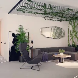 Wizualizacja salonu z szarym narożnikiem, fotel z czarnej skóry na metalowym stelażu, rośliny pnące się po ścianie i suficie, abstrakcyjny obraz i lustro o nieregularnym kształcie na ścianie.
