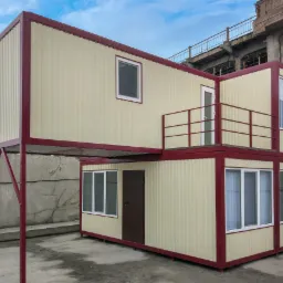 Dwukondygnacyjny pawilon modułowy z balkonem w Poznaniu, wykonany z paneli w kolorze kremowym z bordowymi obramowaniami, na tle betonowego muru i częściowo widocznej konstrukcji budynku.