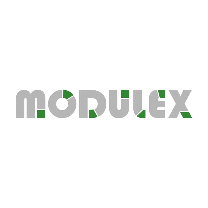 Logo firmy Modulex z szarymi literami wypełnionymi zielonymi elementami na białym tle.