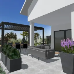 Wizualizacja tarasu z pergolą, szarą sofą i donicami z kwiatami. Projekt ogrodu z nowoczesnym designem, uwzględniający strefę relaksu i roślinność.