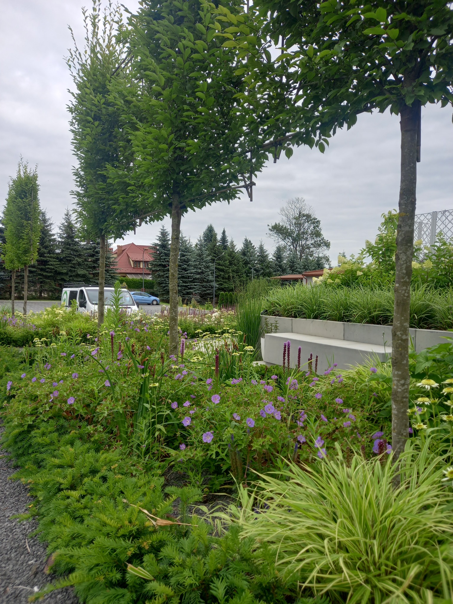 Kwitnący, wielobarwny ogród z formowanymi drzewami, betonowymi elementami i zaparkowanym busem. Widok na dom z czerwoną dachówką w tle.