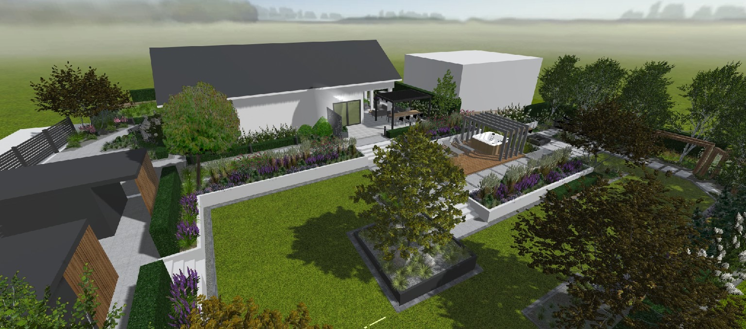 Wizualizacja ogrodu z domem, tarasem, pergolą nad jacuzzi i zielonym trawnikiem z drzewami. Widok z góry ukazuje rozplanowanie przestrzeni i detale nasadzeń.