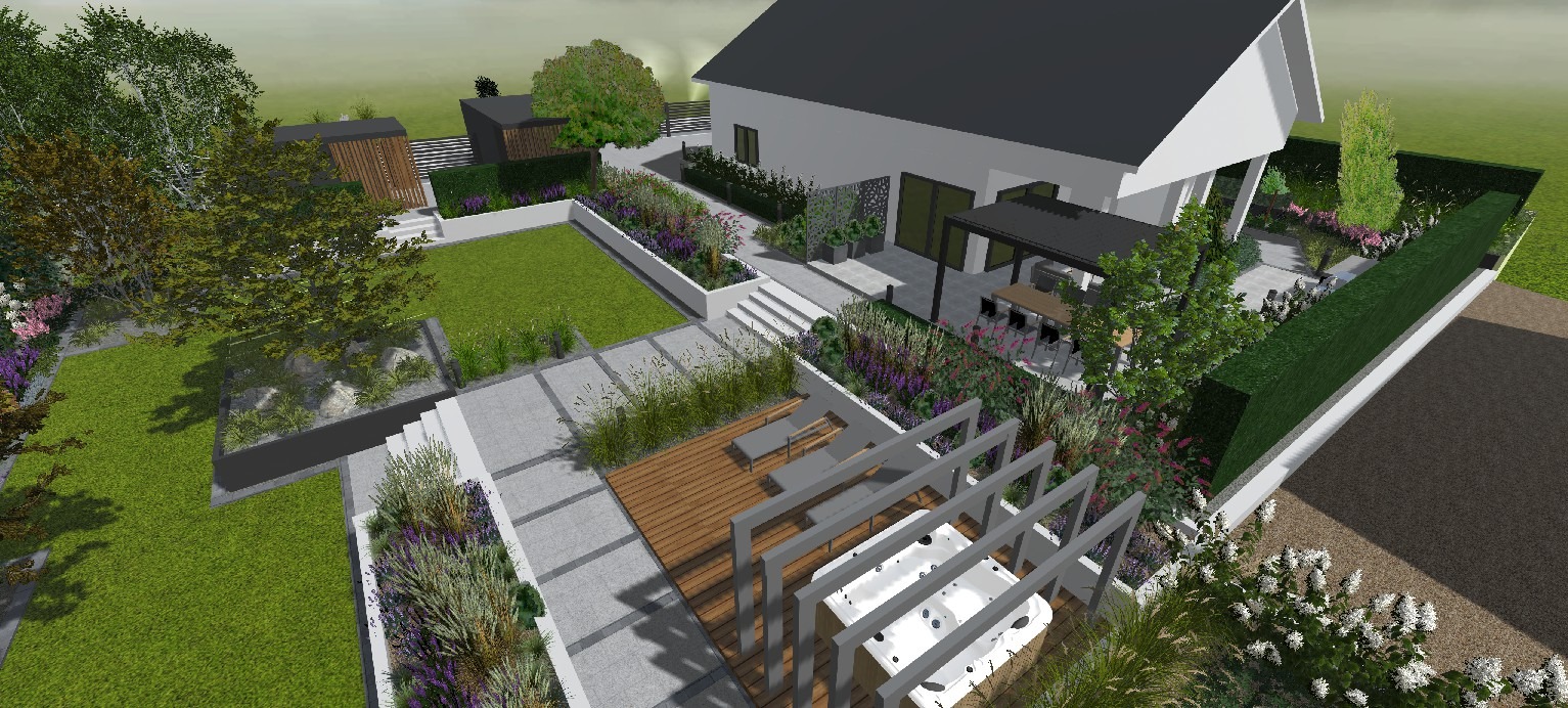 Wizualizacja ogrodu z domem, tarasem z jacuzzi, pergolą, trawnikiem i rabatami kwiatowymi. Widok z góry ukazuje nowoczesny projekt zagospodarowania przestrzeni.