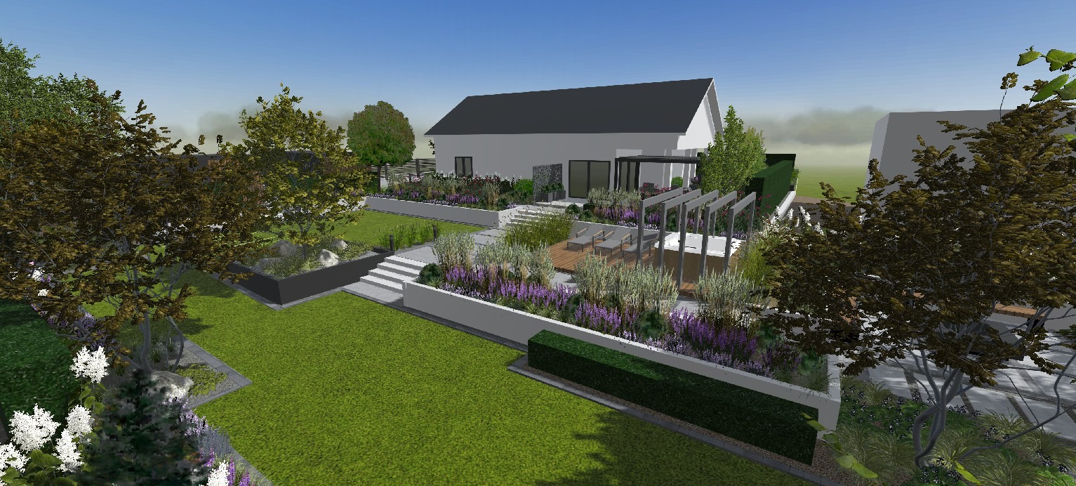 Wizualizacja ogrodu z nowoczesnym domem w tle. Widoczny trawnik, rabaty kwiatowe, pergola z jacuzzi i leżakami, schody oraz roślinność ozdobna.