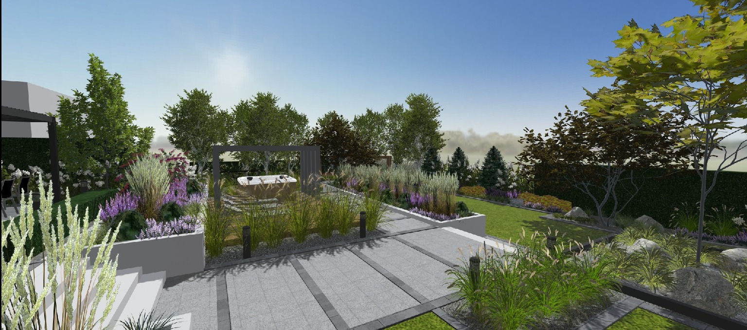 Wizualizacja ogrodu z jacuzzi otoczonym ozdobnymi trawami i kwiatami. Ścieżka z płyt prowadzi do strefy relaksu. W tle drzewa i krzewy.