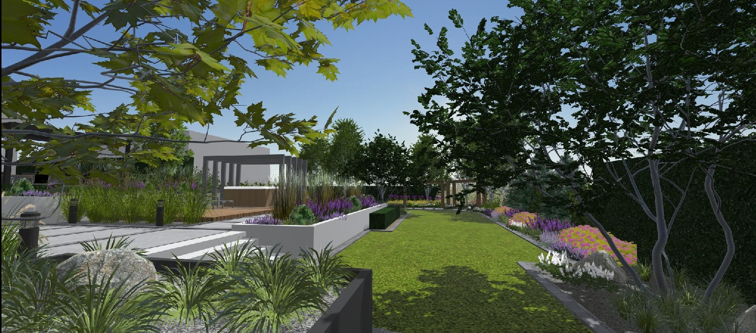 Wizualizacja ogrodu z nowoczesną architekturą: pergola, trawnik, rabaty kwiatowe z lawendą i ozdobnymi trawami. Widok na zadbany teren zielony.