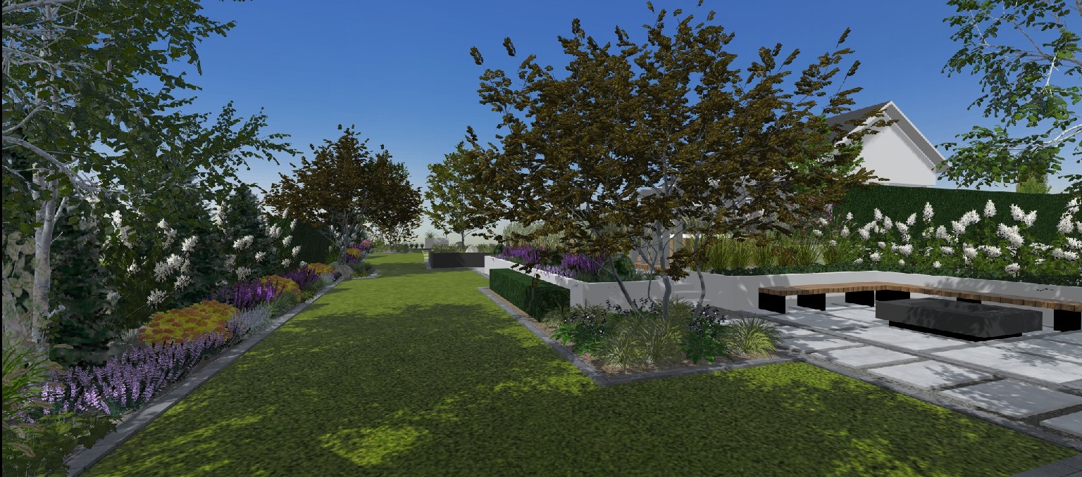 Wizualizacja ogrodu: trawnik, rabaty z kwitnącymi roślinami (lawenda, hortensje), drzewa, murki, siedziska z drewna i kamienia, nowoczesny design, błękitne niebo.