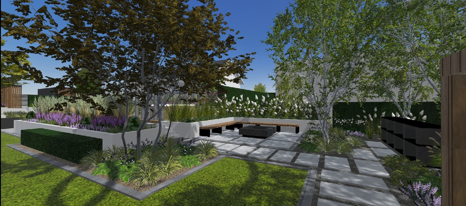 Wizualizacja ogrodu z geometrycznym układem ścieżek z płyt, podwyższonymi rabatami z roślinami, drzewami i miejscem do siedzenia z ławkami i stolikiem.