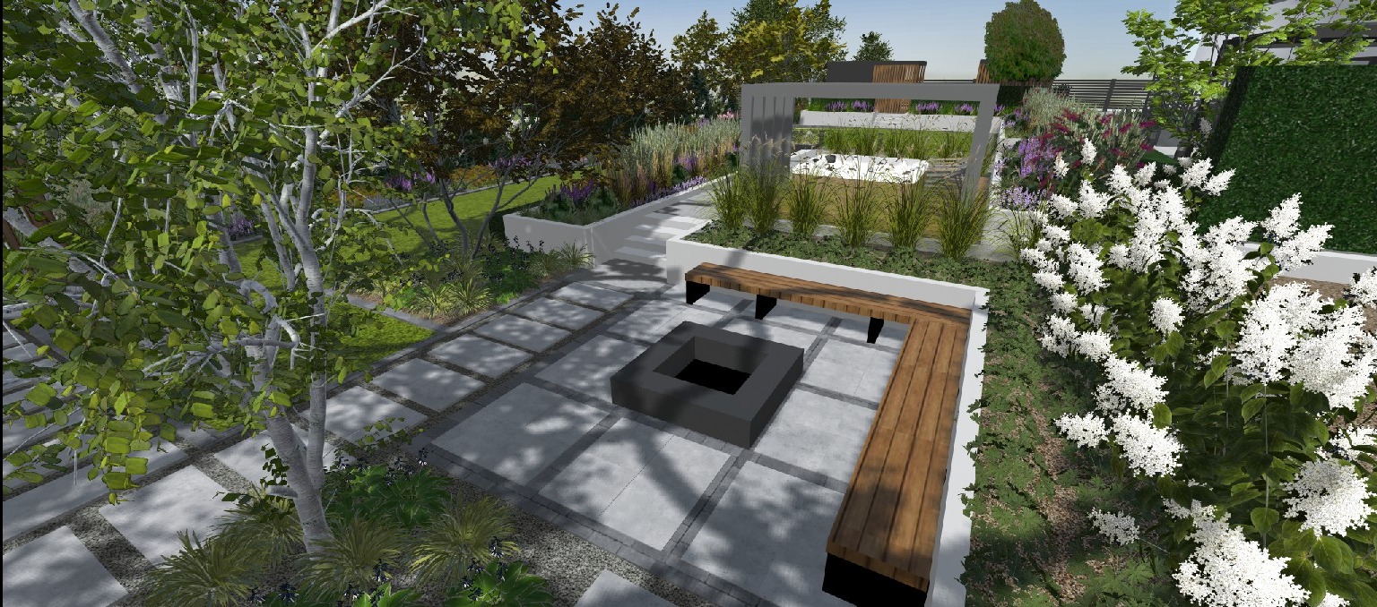 Wizualizacja ogrodu z paleniskiem, drewnianą ławką w kształcie litery L, ścieżką z płyt i bujną roślinnością. Widok z góry ukazuje nowoczesny design przestrzeni.