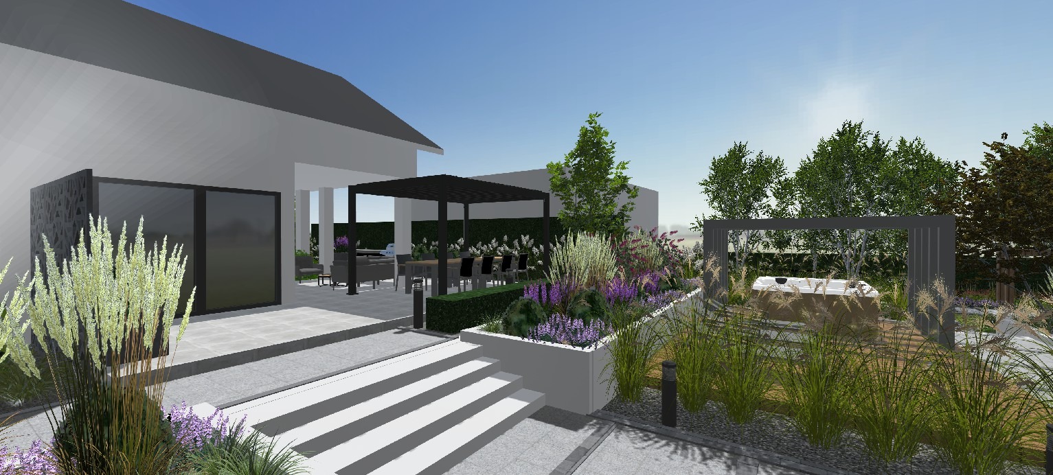 Wizualizacja ogrodu z tarasem, pergolą, jacuzzi i ozdobnymi rabatami. Nowoczesny design z elementami zieleni i strefą relaksu. Projekt ogrodu z wykorzystaniem roślinności.