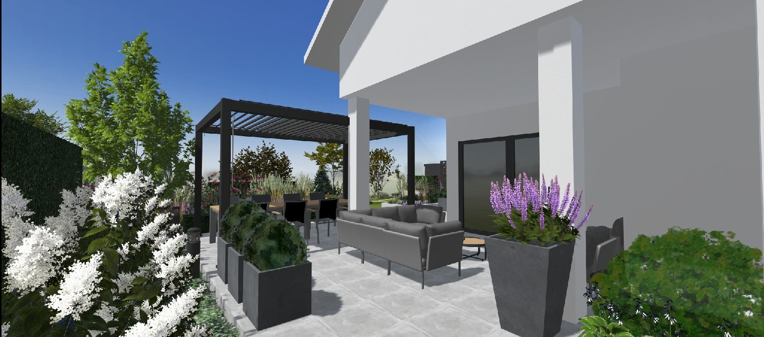 Wizualizacja tarasu z pergolą, szarą sofą i donicami z kwiatami. Projekt ogrodu z nowoczesnym designem, uwzględniający strefę relaksu i roślinność.