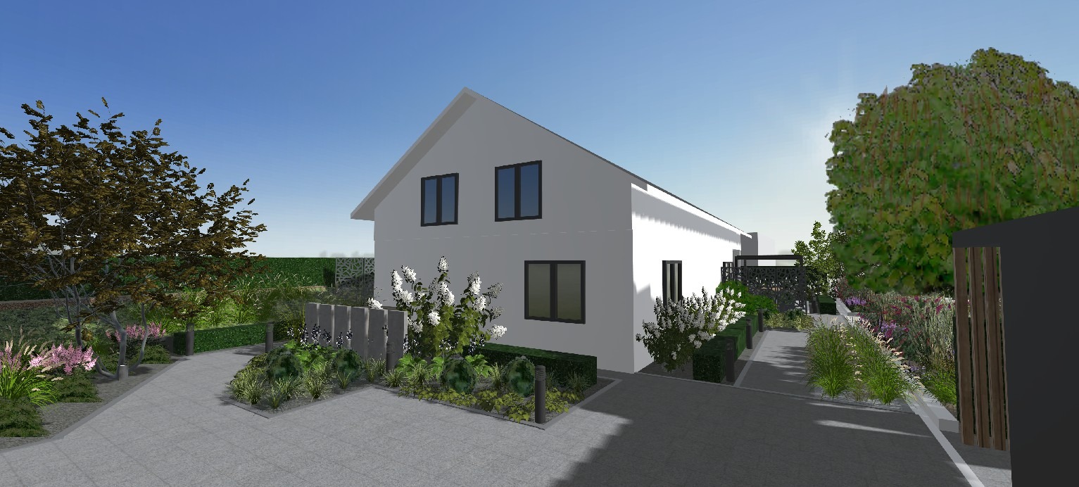 Wizualizacja ogrodu przy nowoczesnym domu z białymi ścianami i czarnymi oknami. Widoczne rabaty kwiatowe, drzewa i ścieżka z kostki brukowej.