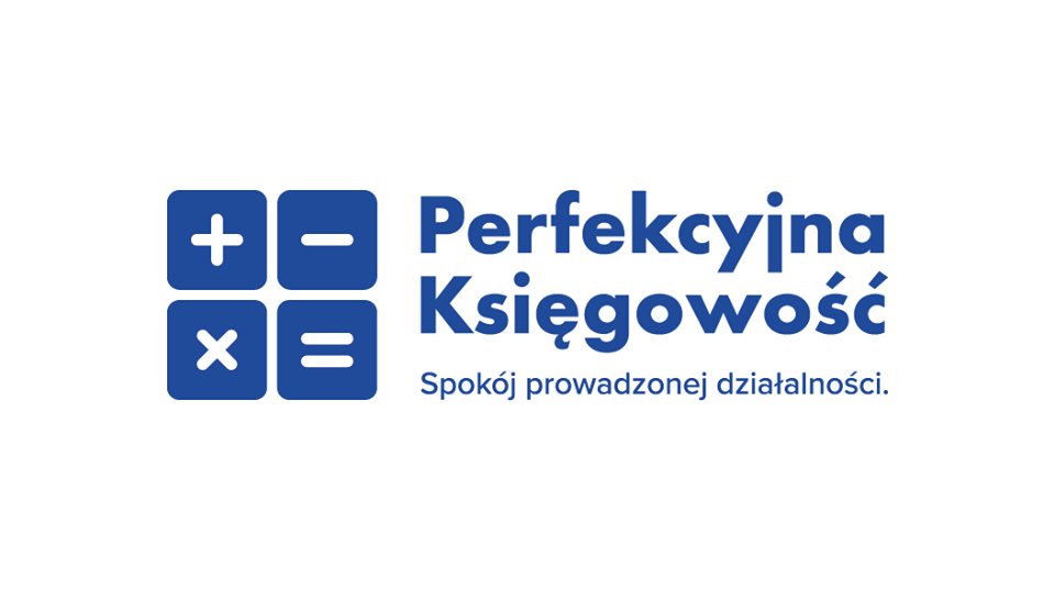 Niebieskie logo z symbolem kalkulatora i napisem 'Perfekcyjna Księgowość. Spokój prowadzonej działalności.'