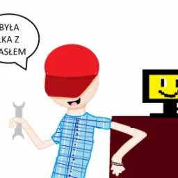 Rysunek przedstawiający uśmiechniętego mechanika z kluczem, który naprawił komputer z uśmiechniętą buźką na ekranie, z dymkiem 'To była bułka z masłem'.