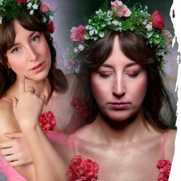 Grupa TWOJE.STUDIO - Portret kobiety w różowej sukience i wianku z kwiatów, z delikatnym makijażem i błyszczącymi łzami na policzkach, w artystycznej kompozycji z efektem podwójnej ekspozycji.