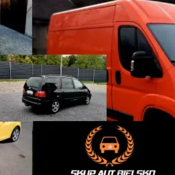 Kompozycja zdjęć różnych pojazdów: granatowa osobówka Opel, pomarańczowy bus Peugeot, czarny van Ford Galaxy, żółty hatchback Seat Ibiza oraz logo firmy skupującej auta.