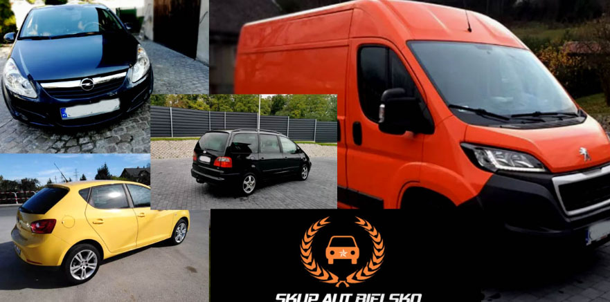Kompozycja zdjęć różnych pojazdów: granatowa osobówka Opel, pomarańczowy bus Peugeot, czarny van Ford Galaxy, żółty hatchback Seat Ibiza oraz logo firmy skupującej auta.