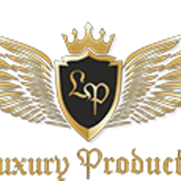 Złote logo firmy z koroną, skrzydłami i tarczą na czarnym tle, z napisem 'Luxury Products' poniżej.