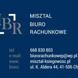 Logo biura rachunkowego Misztal z szarymi literami MBR i adresem w Chorzowie, numerem telefonu oraz adresem e-mail na ciemnoniebieskim tle.