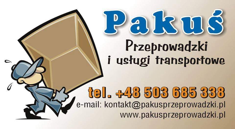 Wizytówka firmy Pakuś: rysunek tragarza dźwigającego karton, nazwa firmy, zakres usług, numer telefonu, adres e-mail i strona internetowa.