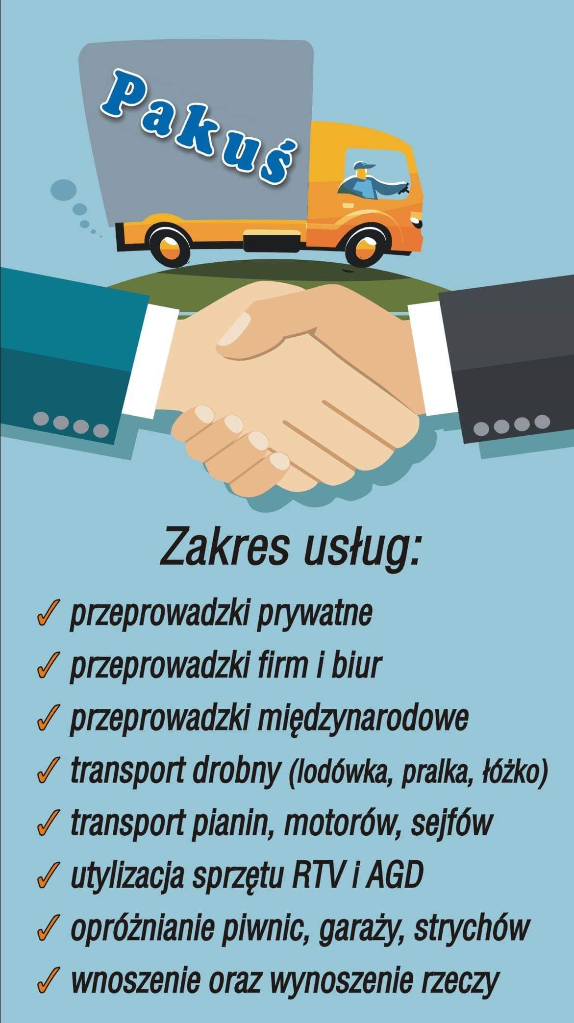 Grafika z uściskiem dłoni na tle stylizowanego samochodu dostawczego z nazwą firmy 'Pakuś', poniżej wypisany zakres usług transportowych i przeprowadzkowych w Przemyślu.