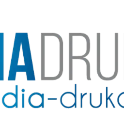 Logo firmy Media Drukarnia: niebieski sześcian z literą M, nazwa firmy w kolorach niebieskim i szarym, adres strony internetowej pod spodem.