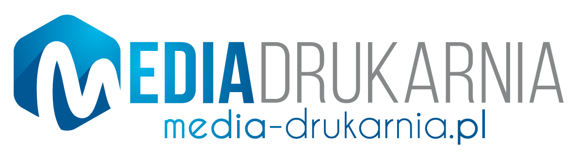 Logo firmy Media Drukarnia: niebieski sześcian z literą M, nazwa firmy w kolorach niebieskim i szarym, adres strony internetowej pod spodem.