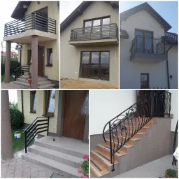 Kolaż zdjęć przedstawiających różne balustrady balkonowe i schodowe: proste, poziome profile oraz zdobione, kute detale, ukazane w kontekście elewacji budynków.