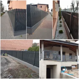 Zestawienie zdjęć przedstawiających różne ujęcia nowoczesnego, grafitowego ogrodzenia panelowego z podmurówką, z widokiem na chodnik, domy i ogród z roślinami.