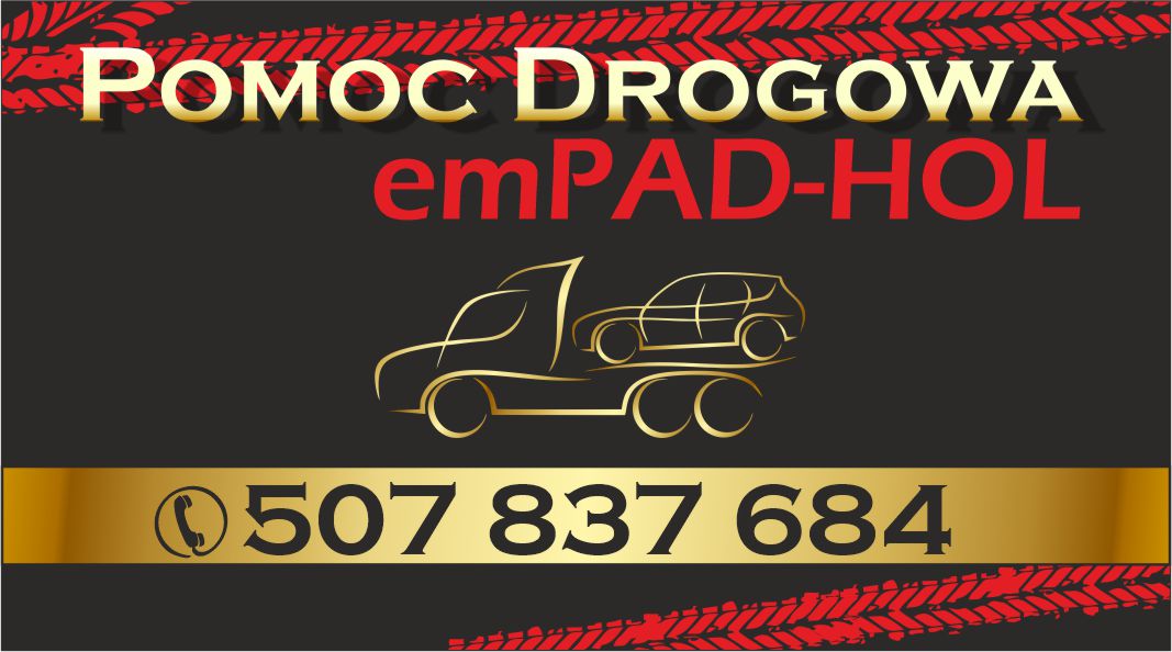 Grafika z napisem 'Pomoc Drogowa emPAD-HOL' i złotym konturem lawety z autem na platformie. U dołu numer telefonu na złotym tle, a w tle ślady opon.