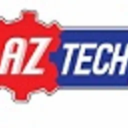 Czerwono-niebieskie logo AZ TECH z elementem przypominającym koło zębate.
