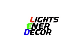 Grafika z napisem 'LIGHTS ENER DECOR', gdzie poszczególne słowa mają różne kolory: LIGHTS jest czerwone, ENER zielone, a DECOR niebieskie. Czcionka jest pogrubiona i lekko pochylona.