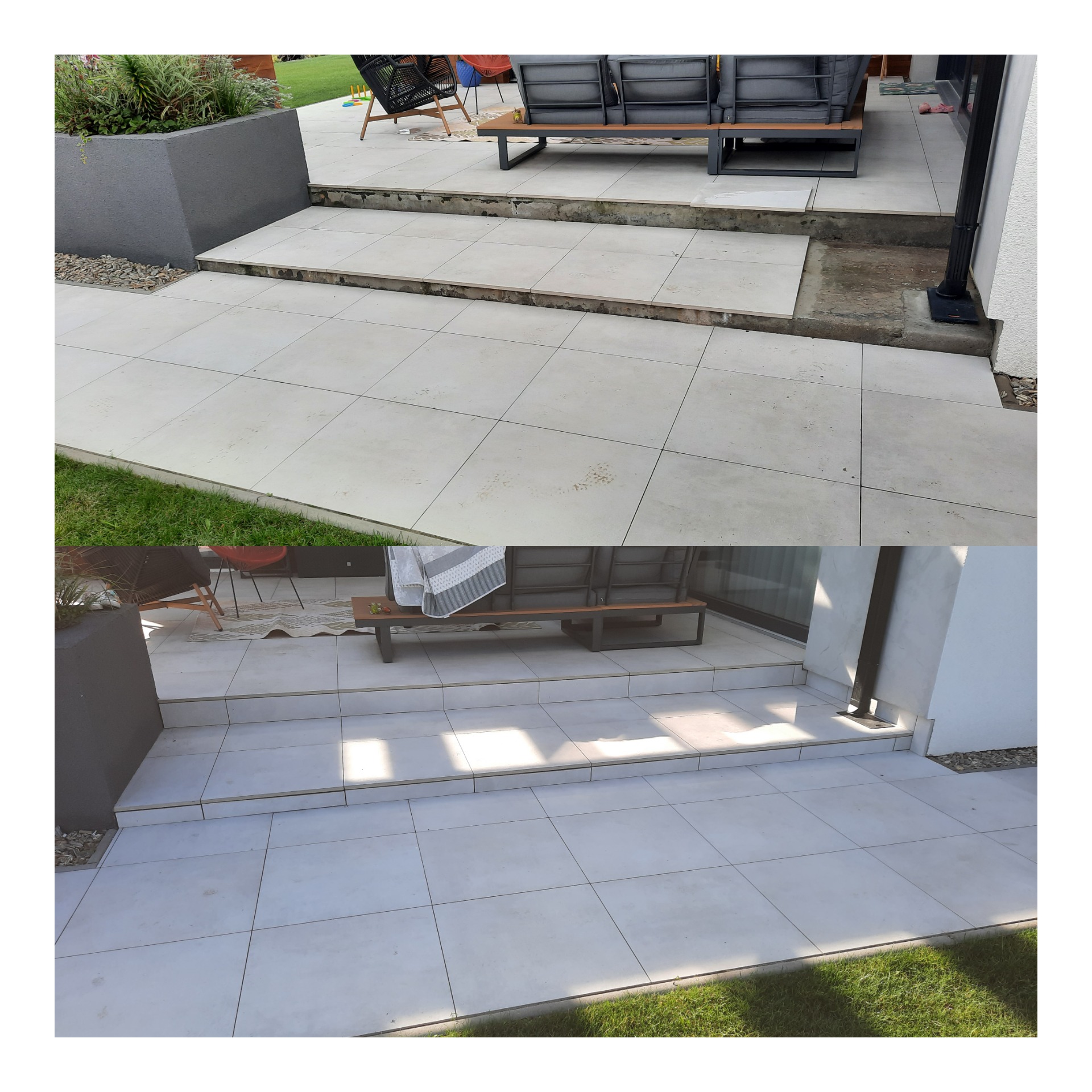 Dwuetapowe ujęcie tarasu z jasnoszarej płyty, z częściowo ukończonymi pracami na schodach i fragmentem niedokończonej powierzchni, na której widoczne są podłoża i brakujące płytki, a w tle meble...