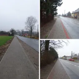 Kompozycja z trzech ujęć chodnika z kostki brukowej wzdłuż drogi wiejskiej w pochmurny dzień. Widoczne budynki w tle, drzewa bez liści i fragmenty jezdni.