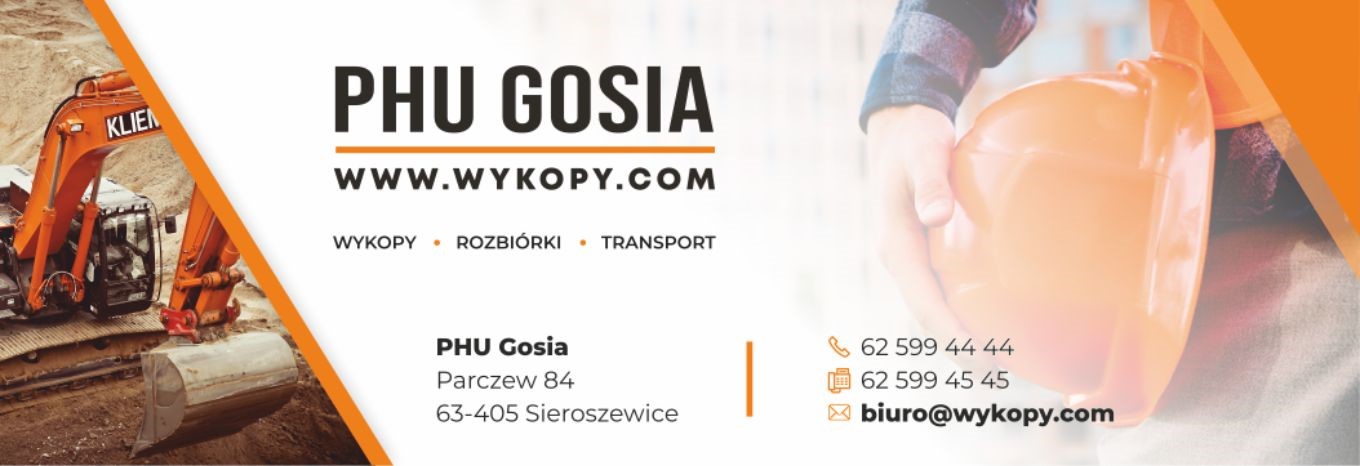 Baner reklamowy firmy PHU Gosia: pomarańczowa koparka w wykopie, logo firmy, adres strony www.wykopy.com, numer telefonu i adres e-mail, w tle dłoń trzymająca pomarańczowy kask.