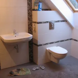 Wykończona łazienka na poddaszu z umywalką, toaletą podwieszaną i oknem dachowym, wykończona białymi płytkami z dekoracyjnym bordiurem i szarą podłogą. Na podłodze leży brudna ścierka i elementy...