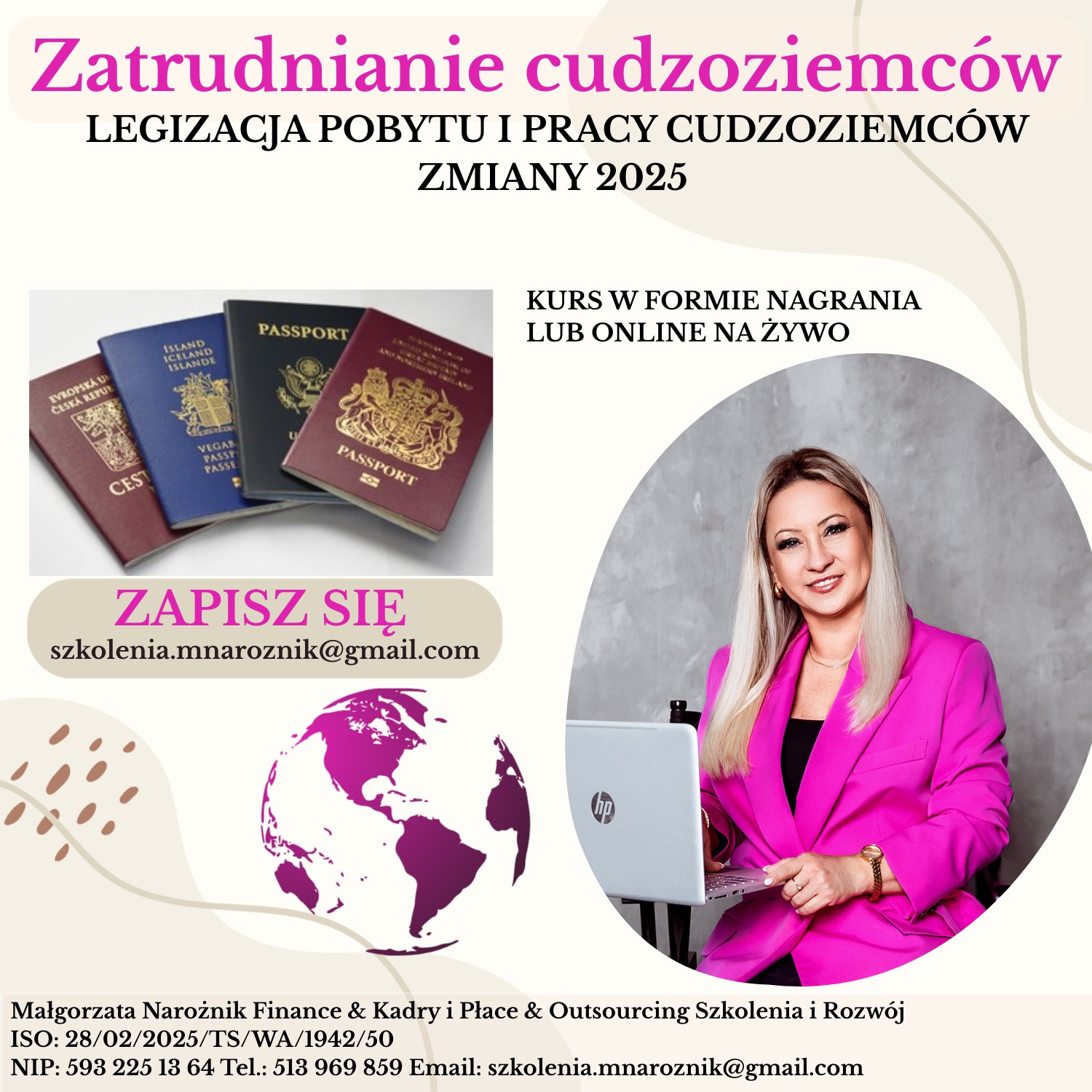 Ogłoszenie: Szkolenie z zatrudniania cudzoziemców, legitymacja pobytu i pracy, kurs online, kobieta z laptopem i paszporty różnych krajów.