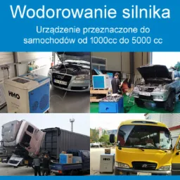 Kolaż zdjęć przedstawiający proces wodorowania silnika samochodowego. Widoczne samochody osobowe i ciężarowe podłączone do urządzenia HHO, pracownik serwisu obsługujący urządzenie, oraz sam...