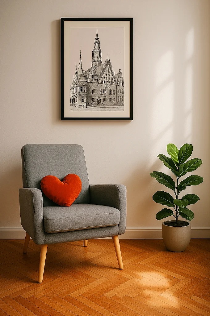 Jasnoszary fotel z czerwoną poduszką w kształcie serca, obok doniczka z rośliną, na ścianie grafika w ramce. Przytulne wnętrze gabinetu.