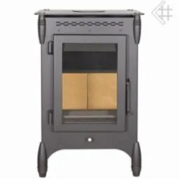 Szary piec wolnostojący Koza S10 BARRIL 7 kW z szybą, widok z przodu na białym tle.