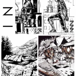 Czarno-biała kompozycja czterech ilustracji wykonanych tuszem: architektura miejska, postać superbohatera na dachu, krajobraz z futurystycznym pojazdem i owcami, oraz abstrakcyjna scena z twarzami...