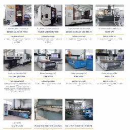 Zestawienie zdjęć różnych maszyn do obróbki metali: centra obróbcze 5-osiowe Mazak Variaxis, plotery frezujące CNC Kimla, waterjet STM, prasa krawędziowa Durma i maszyny konwencjonalne w hali...